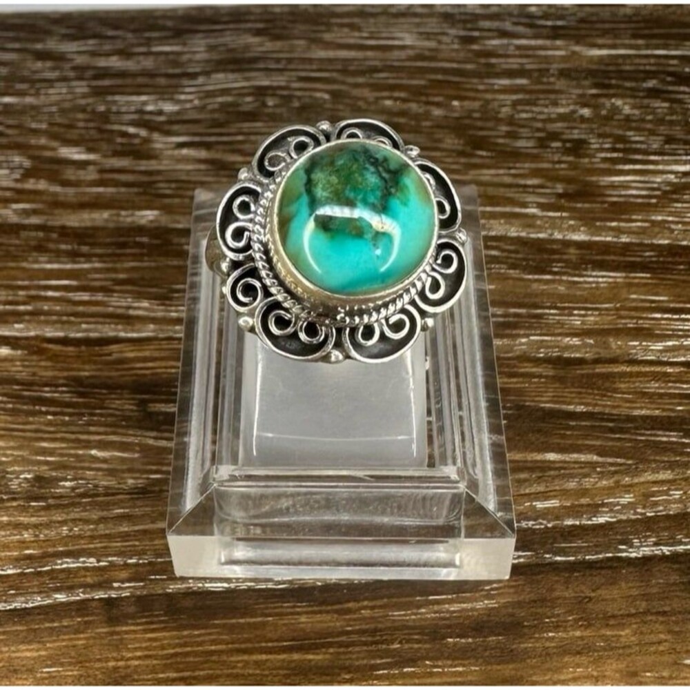 Vintage Decorative Boho Style Sterling Silver Green Turquoise Ring Sz 8 Adj